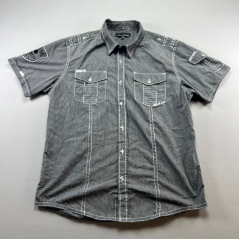 Affliction Shirt Mens L Black Premium Pinstripe Cotton Embroidered Shoulder Loop